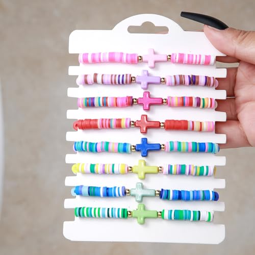 8Pcs Bohemian Rainbow Polymer Clay Cross Stretch Bracelets - Colorful Stackable Cross Beads Elastic Bracelet for Women - Summer Beach Friendship Jewelry Gifts4
