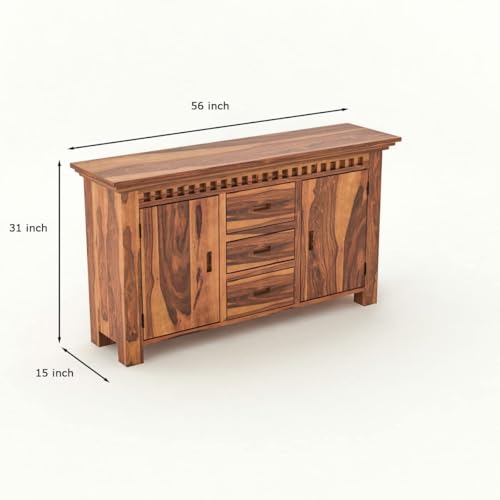 Image of Solid Sheesham Wood Sideboard and Cabinets | Wooden Side Board Media Console Tv Cabinet for Living Room | Free Standing Cabinet with 3 Drawers & 2 Door Cabinet Storage | Natural Finish