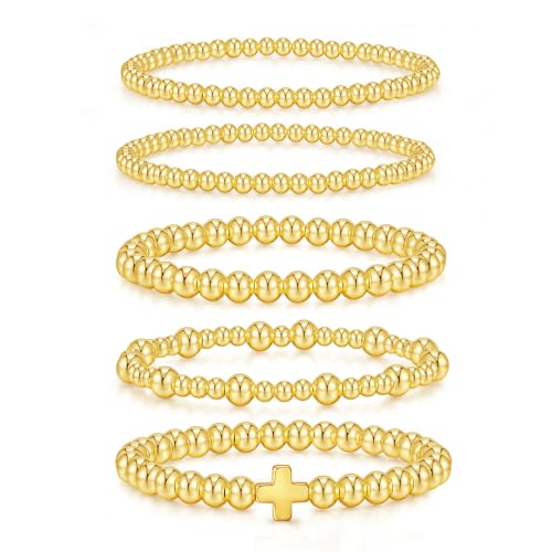 shownii Pulseras de oro para mujer, chapadas en oro de 14 quilates, pulseras elásticas con cuentas apilables, juego de joyas ajustables con cruz de graduación para ella, 6.88 Inch, Plástico Cobre, Sin
