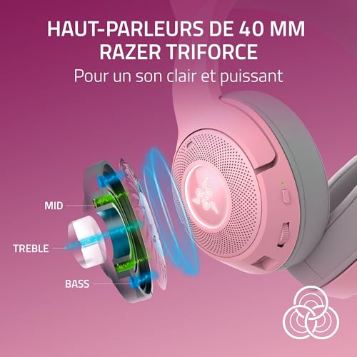 Razer Kraken Kitty V2 BT - Casque sans-Fil Bluetooth avec éclairage RGB et Oreilles de Chat (Bluetooth 5.2, 40mm Triforce, Micros à Annulation de Bruit, jusqu'à 40 Heures d'autonomie) Rose