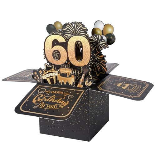 BOFUNX Cartão de felicitação aniversário de 60 anos Pop Up 3D cartão emergente presente original criativo para feliz aniversário a familiares amigos