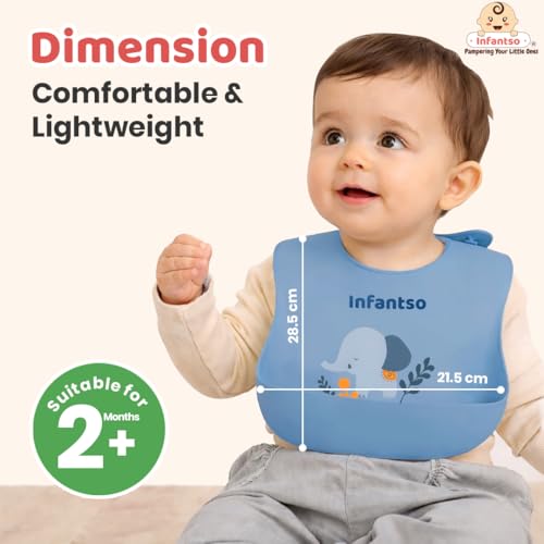 Image of Infantso Silicone Ultra Light Waterproof Baby Bib for Feeding & Weaning Babies & Toddlers with Food Cather Pocket, Washable, Reusable, Non Messy Easy Cleaning, No Odour, Adjustable Button Neckline