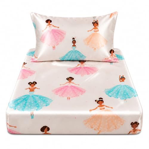 Image of Satin Twin Fitted Sheet Set,Ballerina design, Silky Soft Sheet, Deep Pocket Fitted Sheet (39 inch x 75 inch) with 1 Pillowcase (20 inch x 26 inch), Lightweight Breathable Satin Sheets for Kids & Adults