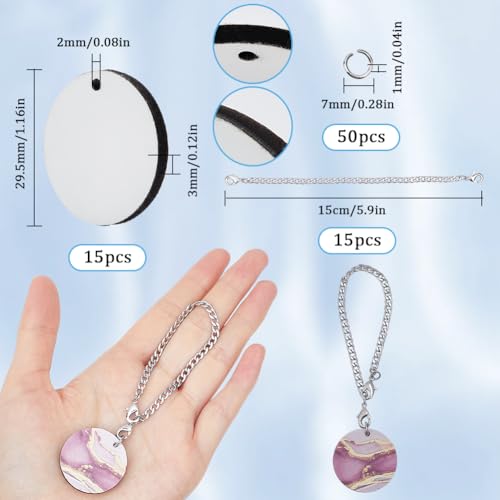 SOFPLATE 1 Box 15 Sets Blank Cup Charms Sublimation Charm Blanks Flat Round key blanks Bulk Sublimation Charm Accessories with Aluminum Chains Stainless Steel Jump Rings For Cups Tumbler DIY Crafts - Image 2