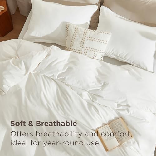 Bedsure 100% Stone Washed Cotton Duvet Cover King Size - White Minimalist Cotton Duvet Cover Linen Like for All Seasons - GentleSoft™ Plain Simple Bedding (White, King, 104"x90")