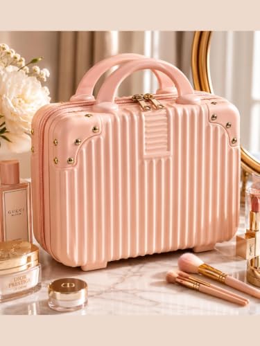 Image of BLUE BEADS Travel Makeup Case with Lock & Luggage Strap, ABS Hard Shell Cosmetic Vanity Case, Portable Makeup Organizer for Women, Beauty Storage Box for Makeup & Toiletries (Peach, Model 3)