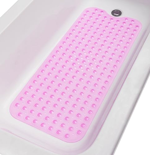TIKE SMART Extra-Long Non-Slip Bathtub & Shower Mat 39”x16” (Smooth/Non-Textured Tubs Only) Safe, Clean, Machine-Washable, Superior Grip&Drainage, Vinyl, Transparent Pink