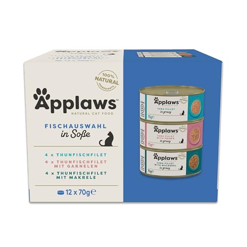 Applaws 100 % natürliches Nassfutter für ausgewachsene Katzen, Fischsortiment in Sauce Multipack, 12 × 70 g Dosen