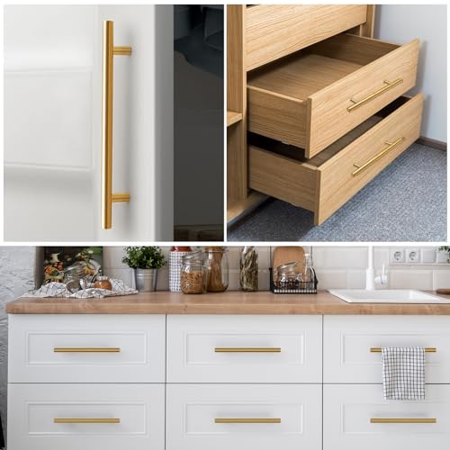 Piuluvor® 10 Stück Schrankgriffe Gold Möbelgriffe 128mm Lochabstand Türgriffe Küchen Griffe Möbel Küchengriffe Edelstahl Schrank Griff T Stangengriff Schubladengriffe