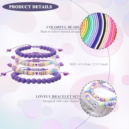 4Pcs First Day of School Matching Bracelets, Pink Purple Beads Charms Adjustable Colorful Clay Bead Bracelet Back to School Gifts Party Supplies for Prek Preschool for Daughter Son2
