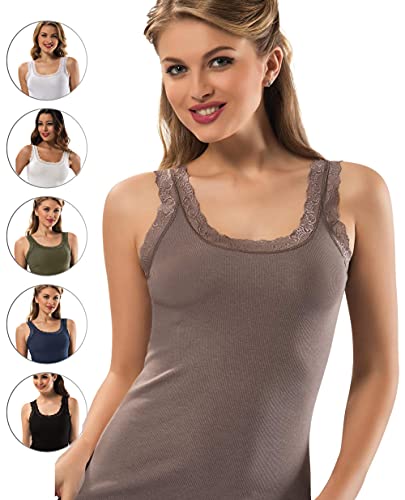 Image of VAVONNE Lace Camisole Tank Tops for Women, Soft Stretch Ribbed Cotton Cami