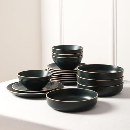 Image of Stone Lain Lauren Modern Stoneware 16-piece Round Dinnerware Set, Plates and Bowls Set, Dish set for 4, Dark Green