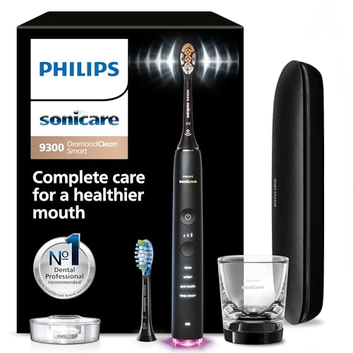 Philips Sonicare DiamondClean Smart 9300 Electric Toothbrush - Sonic Toothbrush with App, Pressure Sensor, 12 Brushing Settings, Replacement Reminder, Travel Case, Black, Model HX9903/15