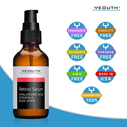 Retinolo Viso con Acido Ialuronico, Siero Viso Retinolo, Retinol Serum for Face, Retinolo per l'acne, Rughe e Macchie Scure, Siero Antinvecchiamento, Siero Viso al Retinolo da YEOUTH