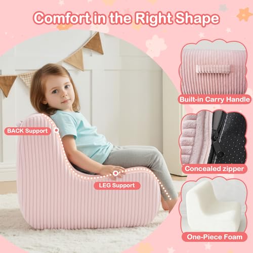Image of DAICO Kids Bean Bag Chair Pink Ultra-Soft Toddler Bean Bag Sofa with Handle, Small Toddler Comfy Reading Lazy Lounger Foam Princess Chairs for Playroom or Bedroom - Birthday Gift for Boys and Girls