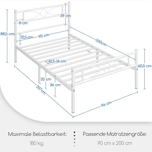 Yaheetech Metallbett 90 x 200 cm Bettrahmen mit Hohem Kopfteil Gästebett mit Lattenrost für Schlafzimmer Gästezimmer Viel Stauraum unter dem Bett Weiß