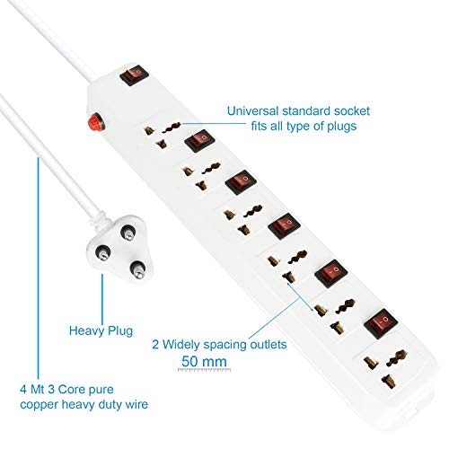 Image of FEDUS 13 Feet Long Extension Board Extension Box | Spike Guard 6 Socket 6 Switch Junction Box with Switch, Extension Cords Cord, Spike Buster, Extension Board with 4m Wire (6 Socket 6 Switch), White
