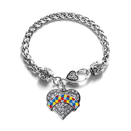Inspired Silver - Autism Awareness - Silver Braided Bracelet for Women - Pave Heart Charm Bracelet Jewelry Gift with Cubic Zirconia - Women's Charm Bracelet with Lobster Claw Clasp
