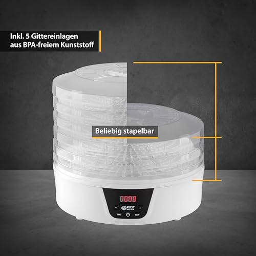 TZS First Austria Dörrautomat | Dörrgerät für Obst, Kräuter, Pilze & Fleisch | digital mit Timer & Temperaturregler 35-70°C | 5 Etagen, Einlageböden BPA frei, Dörrapparat mit Zeitschaltuhr – Bild 7