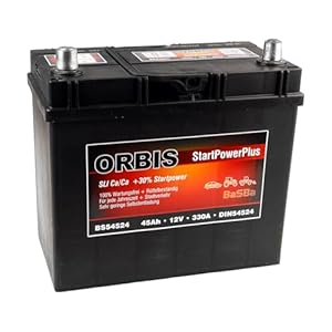 Autobatterie 12 V 45 Ah 330 A – wartungsfreie Starterbatterie Orbis BS54524 DIN 54524, Pluspol links, gefüllt & geladen, zuverlässig für PKW | BaSBa 4919