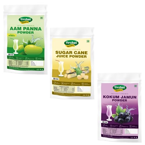 Yeshvi NATURAL Aam Panna Powder & Sugarcane Juice Powder With Kokum Jamun Fruit Juice Powder Combo Pack, Instant Drink Mix Powder, Vitamins, Minerals, Fruit Juice Powder, 300gm