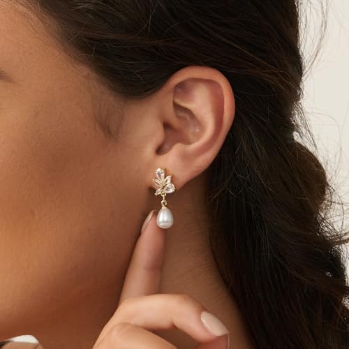 Pearl Earrings: 14k Gold-plated Cubic Zirconia Accented Pearl Drop Dangle Wedding Engagement Earrings For Women Bridal Bridesmaid2