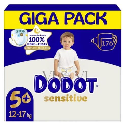 Dodot Sensitive Extra Talla 5+ (12-17 kg), 176 Pañales, Protección Suave, Alta Absorción, Indicador de Humedad, Pack para Piel Delicada