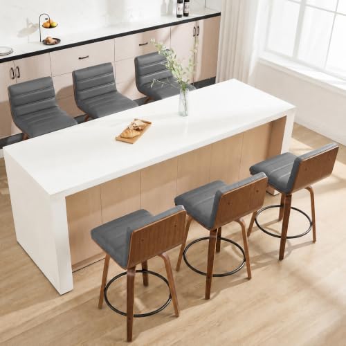 Image of Swivel Bar Stools Set of 6,26 inch Faux Leather Counter Height Barstools with Back,Mid Century Modern Upholstered Bar Chairs with Bentwood Legs Island Stools for Kitchen Counter Darkgrey