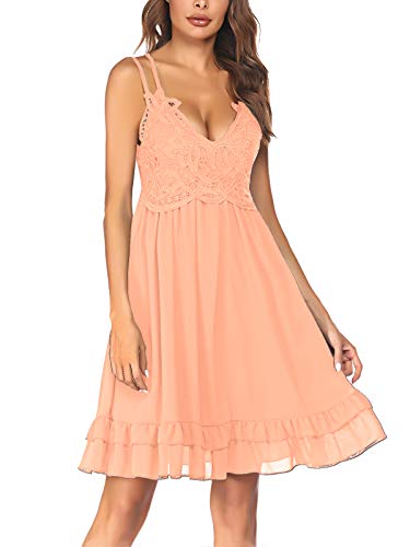 Womens Casual Dresses Summer V Neck Cute Spaghetti Strap Beach Sun Dresses Flowy Lace Short Dresses (X-Large, Pink)