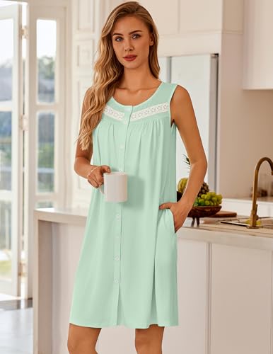 Image of Ekouaer Nightgowns for Women Button Up Sleepshirt Tank Sleeveless Nightshirt Soft Sleepwear with Pockets S-XXXL