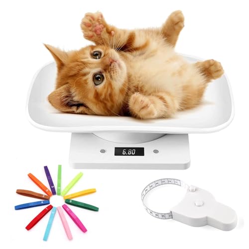 Pet Weighing Scale Set for Small Pets 15kg Digital Animal Scale with LCD Display Measuring Ruler & 15 Color-Coded Puppy Collars Ideal for Kittens Puppies Hamsters (White)