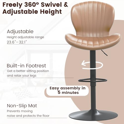 Image of Waleaf Modern Adjustable Bar Stools Set of 4, Faux Leather Upholstered Swivel Counter Stools, Counter Height Bar Stools with Large Base, Easy 5 Minute Assembly for Kitchen Island