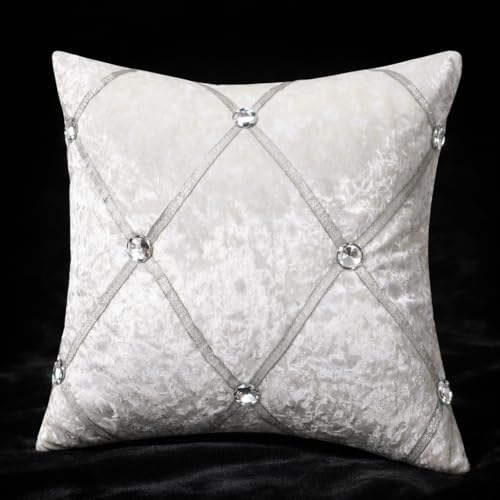 Anything 4 you Velvet Cushion Covers 45x45 cm Set of 2 – Cream White Diamante Throw Pillow Covers, Luxury Decorative Sofa Cushion Covers with Rhinestones for Living Room Bedroom