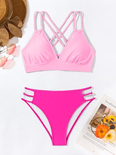 Image of Fanuerg Women's Sexy V Neck Bikini Sets Hollow Out Two Piece Swimsuits Cutout Mid Waist Bathing Suit