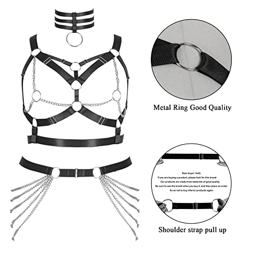 Plus Size Body Harness Fat Woman Girl Metal Chain Full Hollow Out Cage Bra Leg Stockings Garter Belt Set Gothic Rave Clothing (Black) #TOP2