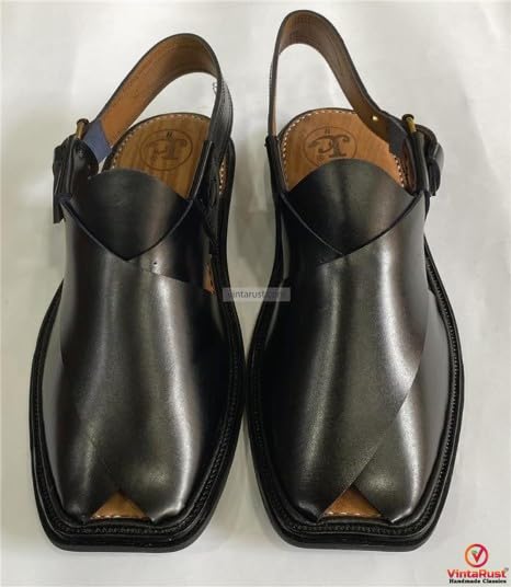 Handmade Black Leather Peshawari Chappal: Traditional Gents Sandals2