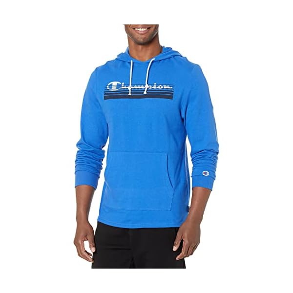 Champion Men's T-Shirt Hoodie, Cotton Mid-Weight Hooded Men's T-Shirt, Comfortable Men's Tee, Bright Royal Sunrise Script, Medium