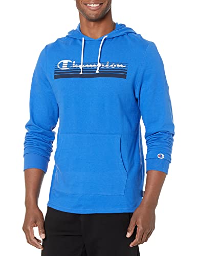 Champion Men's T-Shirt Hoodie, Cotton Mid-Weight Hooded Men's T-Shirt, Comfortable Men's Tee, Bright Royal Sunrise Script, Medium