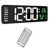 Achort Reloj de Pared Digital Grande con Control Remoto, Pantalla LED Grande de 16 Pulgadas, Cuenta Arriba y Abajo, Reloj Despertador con día/Fecha/Temperatura para el hogar Aula Verde