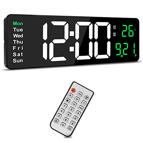 Achort Reloj de Pared Digital Grande con Control Remoto, Pantalla LED Grande de 16 Pulgadas, Cuenta Arriba y Abajo, Reloj Despertador con día/Fecha/Temperatura para el hogar Aula Verde