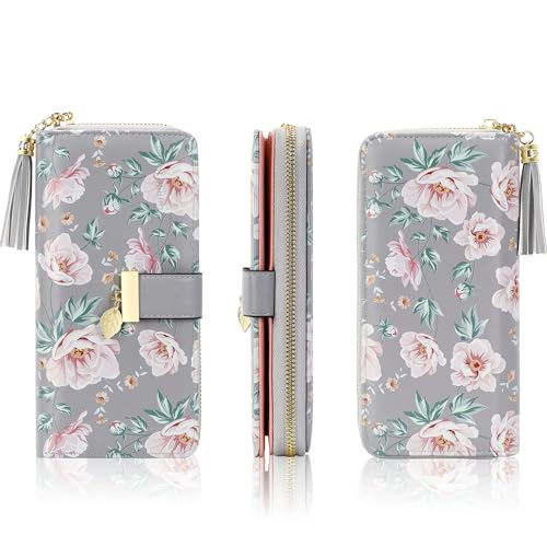 Image of RFID Wallets for Women with Multiple Card Slots and Cellphone Compartment, Womens Wallet (printing flowers grey)