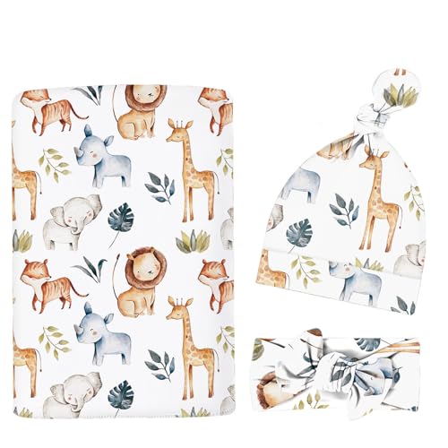 Image of Newborn Swaddle Set with Matching Headband Hat and Bow Set Floral Baby Girl Newborn Receiving Blankets Baby Swaddle Nursery Wildflower Baby Blanket (Animal)