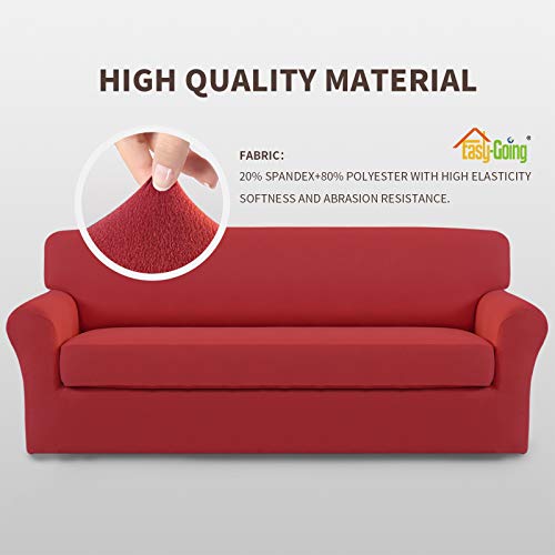 Image of Easy-Going 2 Pieces Stretch Oversized Couch Sofa Slipcover Washable | Spandex Soft Fitted Sofa Couch Cover for Sofa Furniture Protector with Bottom Kids,Pet Dog Christmas Red