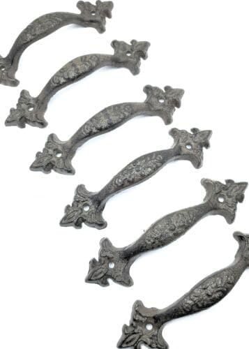 Vintage Metal Door Handle Cast Iron Fleur de Lis Rustic Gate Pull Set of 6