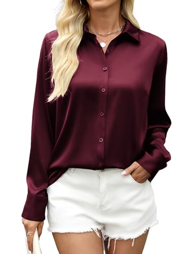 Zeagoo Bluse Damen Elegant Satin V-Ausschnitt Hemden Langarm Satinblusen Button Down Business Shirts Lässige Oberteil Tops Weinrot L