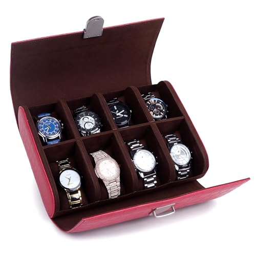 Image of essart Premium 8 Slot Watch Roll Case with Safe Lock | PU Leather Travel Watch Organizer | Luxury Watch Storage Box for Men & Women with Croco-Maroon Colour
