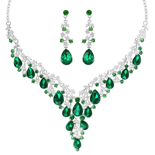 LjFrexia 2 Pcs Hochzeit Schmuck-Set, Teardrop Cluster Kristall Damen Schmuck Set, Hochzeit Schmucksets für Damen, Mit Kristall Braut Halskette und Strass Ohrringen, für Hochzeiten, Abschlussball, Grün
