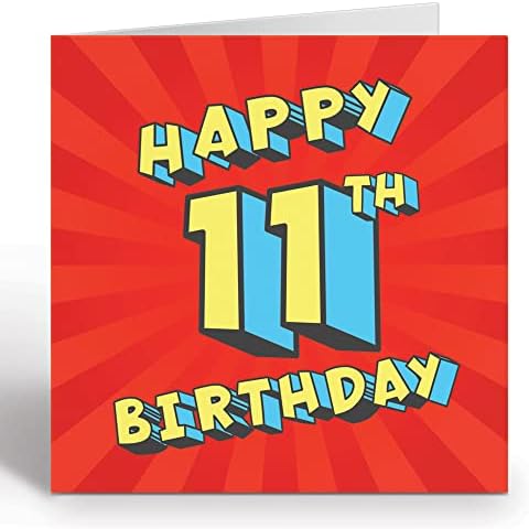 Super Hero Text Birthday Card For 11 Year Old Girl or Boy - 11 Year Old Birthday Card With Yellow Envelope - Eco Friendly Card By Giggle Greetings® Cover