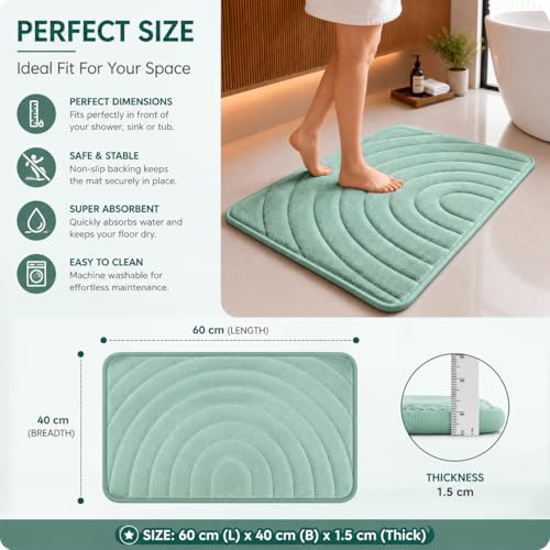Image of Premium Memory Foam Bath Mat | 40x60cm Super Absorbent Velvet Bathroom Rug | Non-Slip Machine Washable Floor Mat (Mint Green)