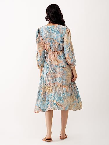Image of AASK Abstract Printed Puff Sleeve Gathered Detailed Fit Flare Dress